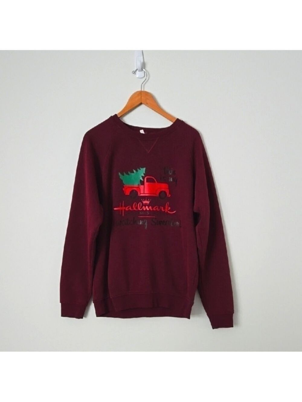 Maroon Crewneck Sweater with Christmas Truck Design